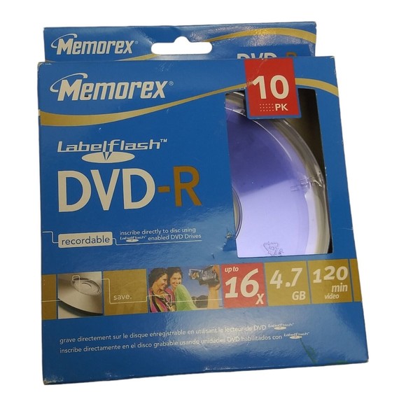 Memorex DVD-R Recordable Discs 10 Pack Labelflash 4.7 GB 120 Minutes 16X - Picture 1 of 2
